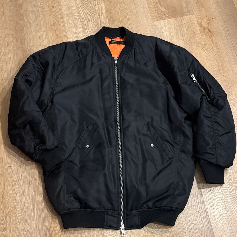 Zara Black Bomber Jacket with Orange Lining